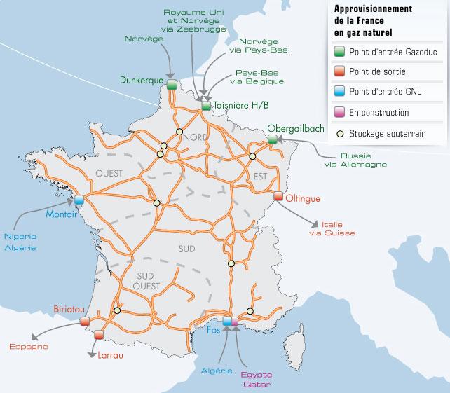Carte de France du gaz GNL