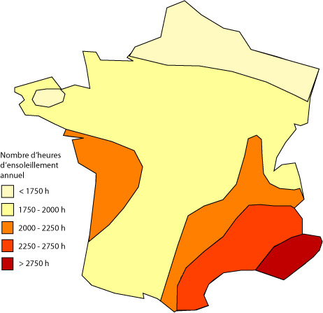 Ensoleillement moyen annuel par région en heures