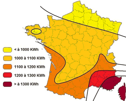 Production annuelle possible en kWh pour 1kWc installé selon les régions